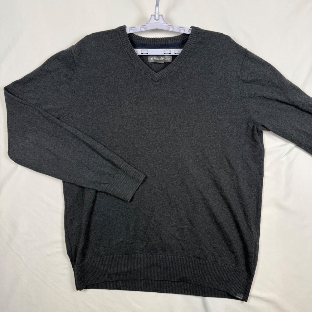 Eddie Bauer Mens Large Tall V-Neck Sweater Charcoal Gray Cotton Cashmere Blend